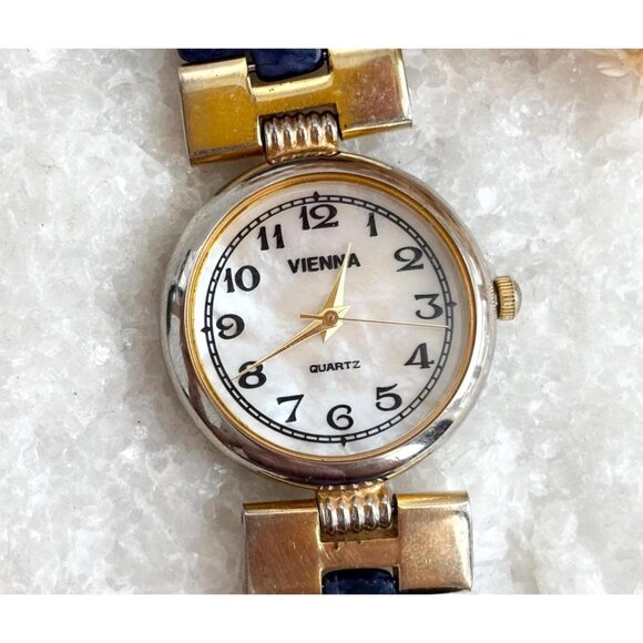 Vienna Blue & Gold T Mother of Pearl Dial Vintage Wristwatch - 24mm - WORKS! - Picture 1 of 10